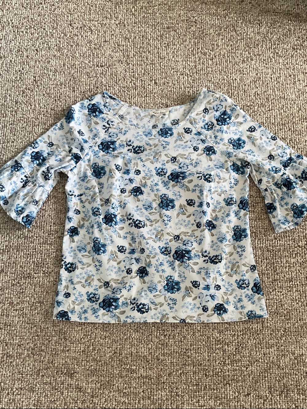Jane and Delancey White and Blue Floral Bell Sleeve Blouse